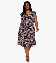 Apricot Curves Navy Floral Tiered Midi Wrap Dress